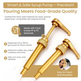 Syrup Pump for Coffee Syrup Bottles – 4-Pack Dispenser Pumps Fits 750ml / 25.4 oz Flavoring Syrup Bottles – Compatible with Torani & More – Gold Coffee Syrup Dispenser Pump for Home & Cafe Use.