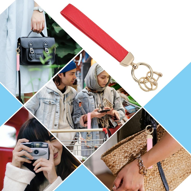 [PATIKIL] レザーリストレットキーチェーン キーチェーンホルダーキーフォブリ ストバンド 2つ キーリングと紛失防止Dリング付き 男性用女性用財布車キー用 金色/レッド