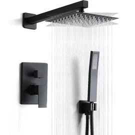 RTTWYYUU Matte Black Shower Head and Handle Set 8 Inch, Rain Shower Head with 2 Hooks, Luxury Rain Shower Set Square Wall Mount for Bathroom with Rain Shower and Handheld Shower System