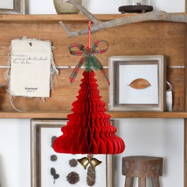 Joaecosmhui 3D Christmas Tree Red Honeycomb Paper Christmas Figures with Bells and Tree Branches DIY Decoration for Table and Parties (Pack of 4-E)