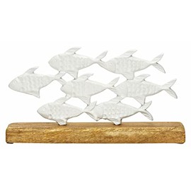 Spetebo Maritime Decorative Stand Fish Shoal – 30 x 16 cm – Metal Fish with Mango Wood Base – Table Decoration Stand Fish on Wooden Stand