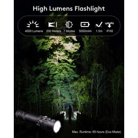 RovyVon S23 Search Flashlight, 4000 Lumens High Lumen Brightest Flashlight Long Throw Flashlight, 5000mAh Rechargeable Battery, IPX8 Waterproof EDC Flashlight Compact Duty Work Light with Lanyard