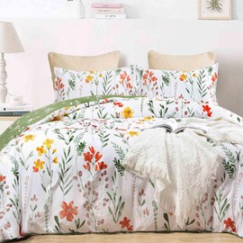 Nanko Floral Comforter Set King Size, 3pc Farmhouse Green Leaves Yellow Flowers Botanical Pattern Printed Microfiber Bedding Comforter Set, All Season Soft & Lightweight Comforter for Women 104"x90"