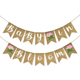 Baby In Bloom No-DIY Shower Decoration Banner - Pink Floral Burlap Sign Decor for Neutral Gender Reveal Party, Baby Announcement for Girl Princess Boy