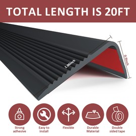 20FT Stair Nosing Rubber Edging, Non-Slip Self-Adhesive Staircase Step Edge Protector, Peel and Stick Vinyl Trim for Indoor and Outdoor Steps Stairs Non-Slip and Waterproof (Deep Black)