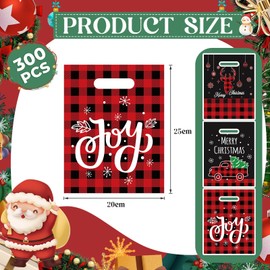 Gersoniel 300 Pcs Plastic Christmas Bags Bulk Buffalo Plaid Merchandise Bags with Handles 8 x 10 Inches Treat Candy Goodie Xmas Party Favors for Shopping Retail Boutique Business