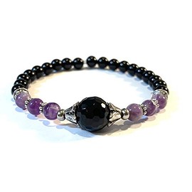 Handmade Black Onyx, Amethyst and Black Tourmaline Healing Bracelet 6 Inches