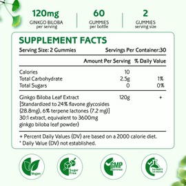 Ginkgo Biloba Gummies for Women and Men, Brain Supplement Improve Better Mood and Focus, Vegan Mixed Berry Flavor 60 Count