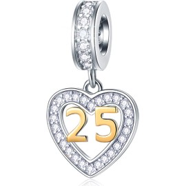 GLOWDAS 10 to 25 28 30 33 35 40 45 50 55 60 65 70 Birthday Charms, fit European Anniversary Bracelet/Necklace, Golden Number 925 Sterling Silver Heart Pendant with CZ, for Women/Men