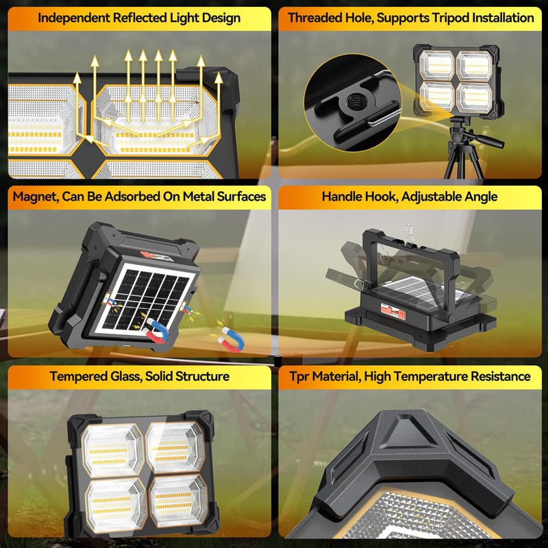 200W Led Work Light Rechargeable,20000MAh Solar Portable Light, 20000LM Magnetic