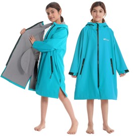 Hiturbo Kids Waterproof Swim Parka: Thin Fleece Swimming Coat - Oversized Swimmer Jacket - Knee Length Swim Team Outfit (9-13Y, Teal)