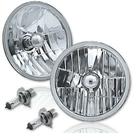 Octane Lighting 7 Inch Crystal Glass/Metal Headlight 60/55 Halogen H4 Clear Light Bulb Headlamp Pair