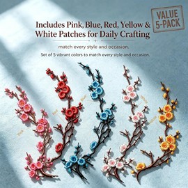 5 Pcs Cherry Blossom Patches, Embroidered Iron On Appliques for Clothes