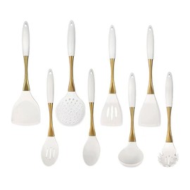 8-Piece White Kitchen Utensil Set with Gold Handles, Stainless Steel Cooking Tools, Includes Spatulas, Ladle, Spoons for Nonstick Cookware (Gold and White)