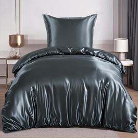 RUIKASI Satin Bed Linen 135 x 200 cm Grey - Luxury Duvet Cover with Shine Like Silk Bed Linen Set for Hair and Skin, Shiny Bed Linen 135 x 200 cm with Zip and Pillowcase 80 x 80 cm