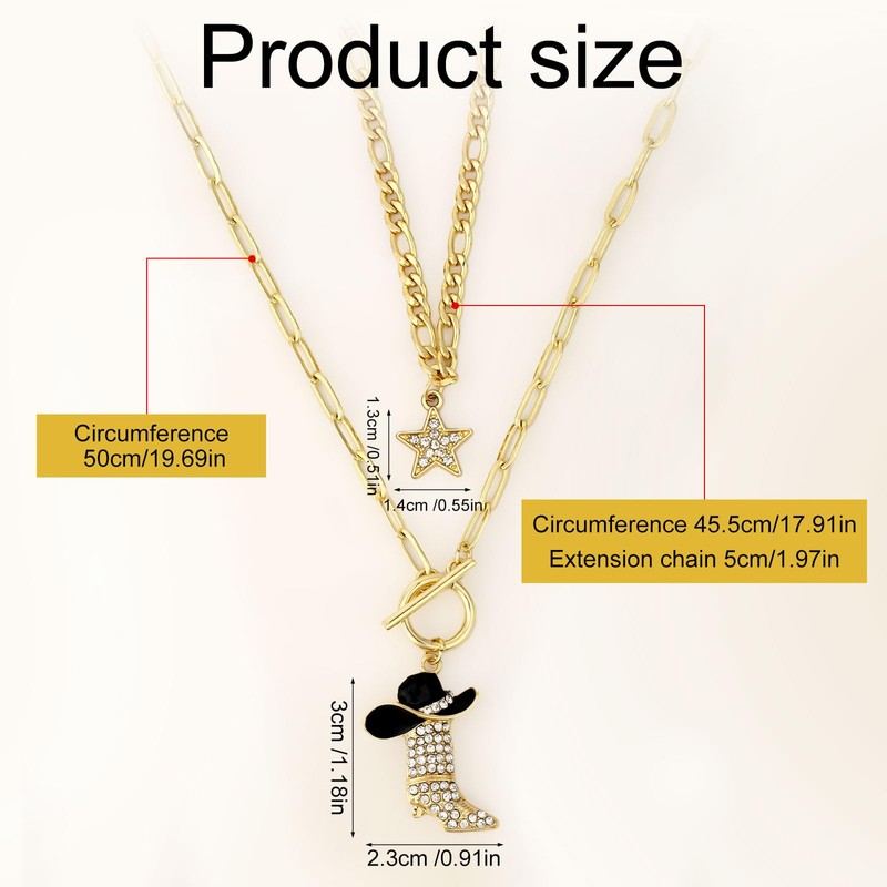 2pcs Cowgirl Hat Boot Pendant Necklace, Sparkly Rhinestone Star Necklace