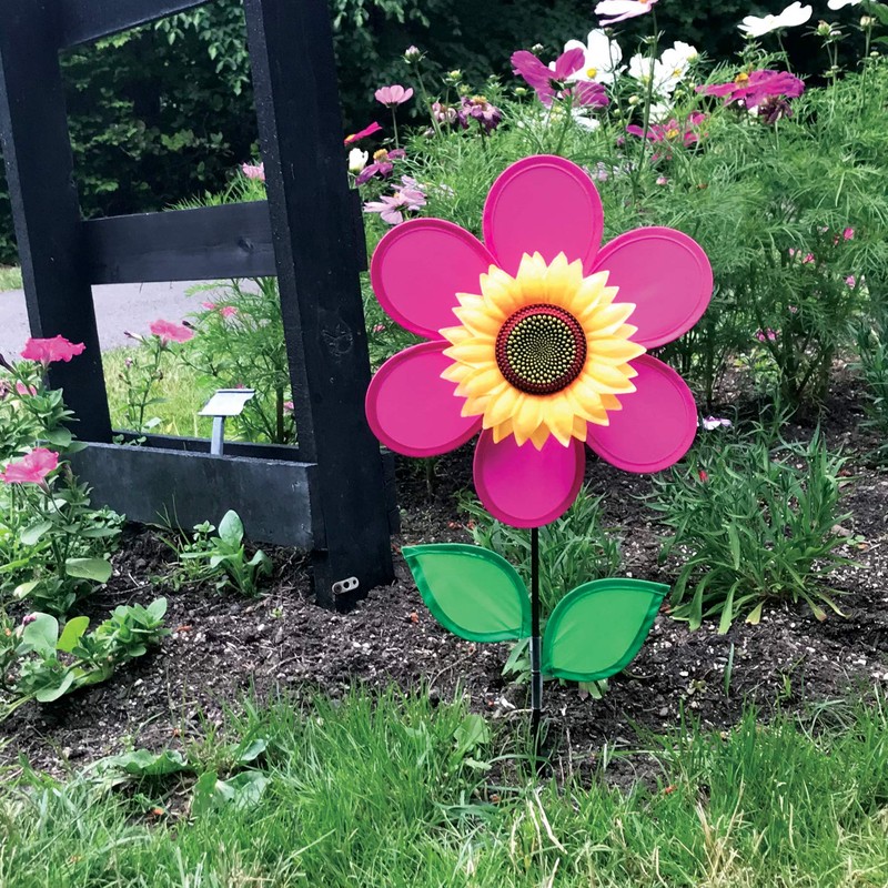 In the Breeze 2705 Pink Sunflower Wind Spinner with Leaves,