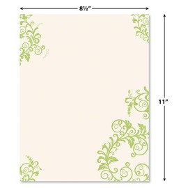 Spring Green Flourish Letter Papers - Set of 25 Spring Stationery Papers are 8 1/2" x 11", Compatible Computer Paper, Floral, Wedding & Bridal Shower Flyers, Invitations, or Letter Paper