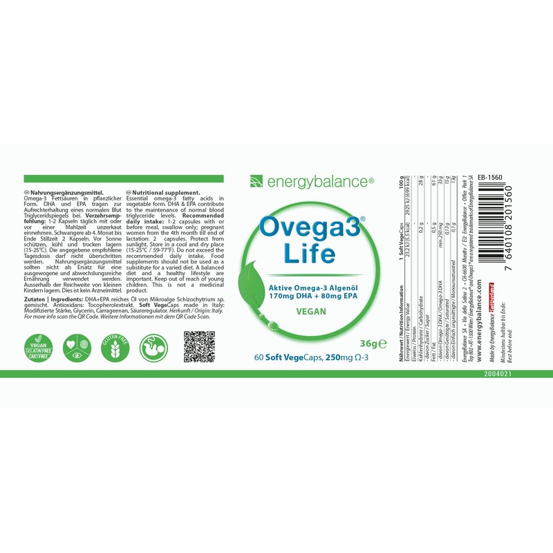 Ovega3 life DHA + EPA Algenöl 250mg, 60 Vegecaps