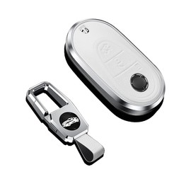 SANRILY Aluminum Alloy Frame & Genuine Leather Smart Key Fob Cover for Benz S-Class W223 2021 2020 S400 S350 S450 S500 Keyless Mercedes Key Case with Keychain White
