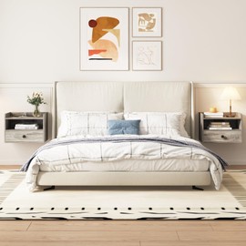 Floating Nightstand Set of 2 Modern Night Stands with Drawer and Open Shelf Cubby Small Bedside End Table with Charging Station Wall Mounted Nightstands Set 2 for Bedroom Grey