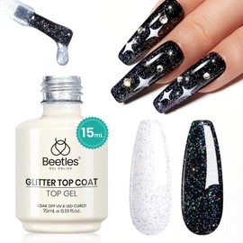 beetles Gel Polish 15ML Holographic Glitter Gel Nail Polish Top Coat Silver Mix Glossy Shiny Gel Nail Polish No Wipe Uv Gel Top Coat Polish Nail Decoration Sparkle Manicure DIY Home Salon