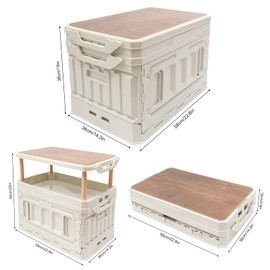 3-Tier PP Foldable Storage Bins Portable Folding Storage Box with Wooden Lid Elevatable Outdoor Collapsible Storage Crates Camping Folding Box Table Equipment for Camping Picnic 25.1Gallon (White)