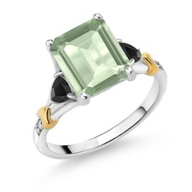 Gem Stone King 925 Silver and 10K Yellow Gold Green Prasiolite and Black Onyx and Diamond Engagement Ring For Women (3.16 Cttw, Emerald Cut 10X8MM, Trillion 3.5MM) (Size 5)
