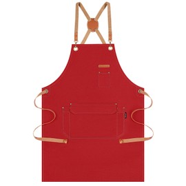 Genixart Chef Apron for Men Women with Gift Box Pack, Cross Back Apron with Pockets for Kitchen Cooking Baking Artist Painting, Cotton Canvas Work Aprons for Shop, Garden, Restaurant, Cafe (Red)