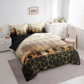 Feelyou Gold Black Comforter Set with Sheets Twin Size Geometric Luxury 7 Piece Bedding Set for Kids Boys Girls Gold Honeycomb Bed in a Bag Soft Gold Bed Set