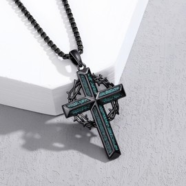 KoyeKei Black Cross Necklaces with Crown for Men Women 925 Sterling Silver Turquoise Crown of Thorns Pendant Necklace Christian Catholic Jewelry Gifts for Boyfriend Father