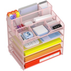 Docnest 5 Tier Mesh Desk Organizer for Paper Office Supplies – Multi-Functional Letter Tray with 5 Adjustable Compartments, 3 Pen Holders, Desktop Storage for Files, Mail, Stationery – Pink