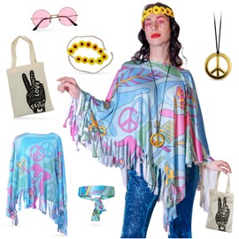 Festicy Hippie Costume Women's Edition 2025 with Poncho Carnival One Size Set I Hippie Accessories Headband with Sunflowers, Hippie Clothing Women, Hippie Bag and More, Fancy Dress Costume Hippie