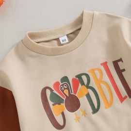 Engofs Toddler Baby Boy Girl Thanksgiving Outfit Turkey Letter Print Sweatshirt Pullover Tops Fall Winter Clothes Khaki 6-12 Months
