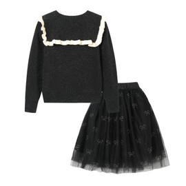 Mud Kingdom Little Girls Tulle Skirt Sets 2 Piece Outfits Button Down Knit Peter Pan Collar Sparkle Cardigan and Tutu Skirt Black Size 7-8