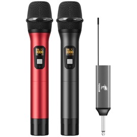 TONOR Wireless Microphone, UHF Dual Handheld Metal Multipurpose Dynamic Singing Mic System with Rechargeable Receiver, for with Mic Input Pa System, Mixer, Voice Amplifier, 200ft (TW630), Black &Red