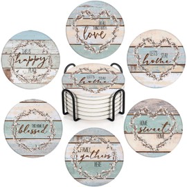 Bribay Coasters for Drinks Set of 6, Farmhouse Wood Home Love Blessed Happy Saying Absorbent Round Ceramic Stone Mat, with Cork Base and Metal Holder, Gift for Housewarming Room Bar Decor