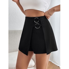 GORGLITTER Women's Asymmetrical Wrap Hem Skorts Ring Linked High Waisted Mini Shorts Black Large