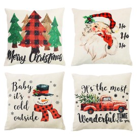 Minicoco Christmas Cushion Covers Set of 4 Christmas Decorations Throw Pillows Cases for Christmas Xmas Decor Red Linen Cushion Cover for Sofa Home Furniture 45 x 45cm (White)