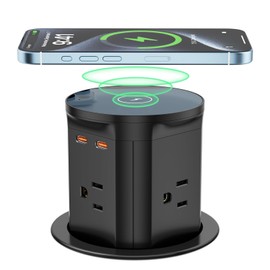 QBA Pop Up Countertop Outlet with PD 20W USB-C, 15W Wireless Charger, Pop Up Electrical Outlet with 4 Outlets 3 USB Ports, 3 3/8" Hole Desktop Power Grommet for Home Office (Black)