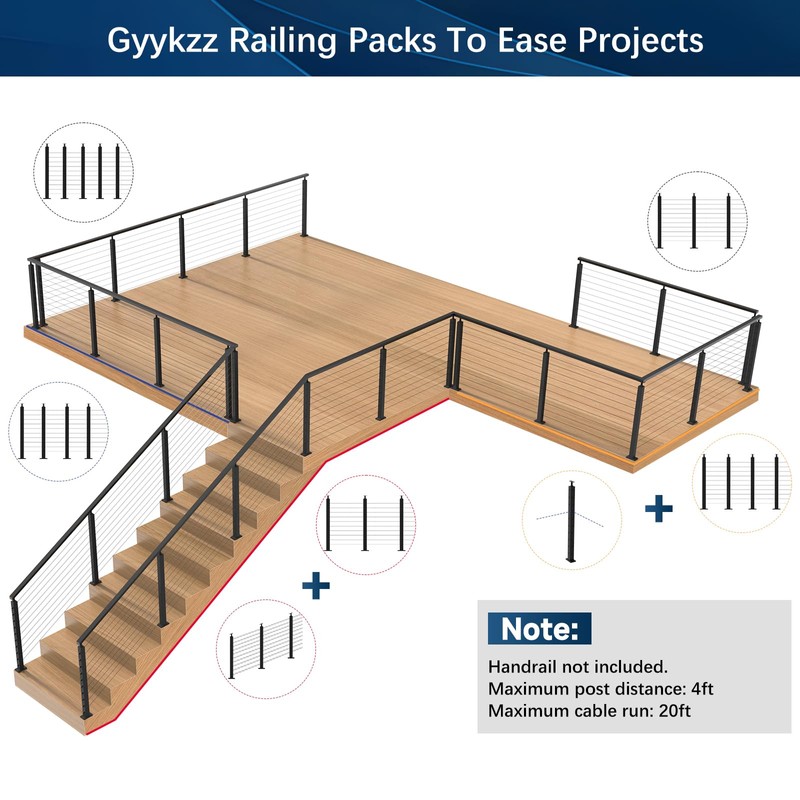 Gyykzz 36" Cable Railing Post, Adjustable Top Level Drilled Railing
