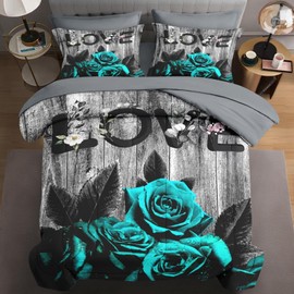 WeCozy 7 Pcs Queen Size Comforter Set with 2 Pillowcases & 2 Shams, Cyan Rose Flower Love Bedding for Kids and Adults, Summer Vintage Woodboard Bed in a Bag with Flat Fitted Sheet