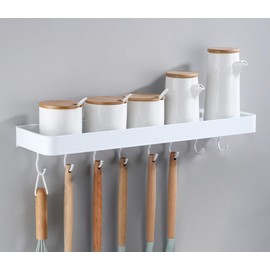 AJINGELA Wall Mounted Floating Metal Storage Shelf, White Bathroom Shelves, Space Saving, Rustproof, Extra Strong Floating Storage Shelf with 4 Hooks (30 cm)