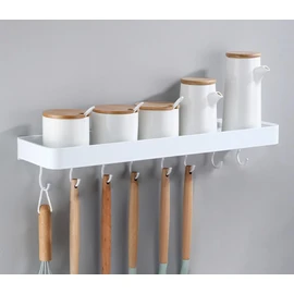 AJINGELA Wall Mounted Floating Metal Storage Shelf, White Bathroom Shelves, Space Saving, Rustproof, Extra Strong Floating Storage Shelf with 4 Hooks (30 cm)