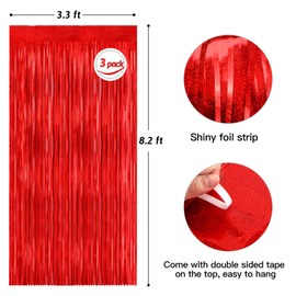 Fannev 3.3 ft x 8.2 ft Metallic Red Tinsel Foil Fringe Curtains Party Photo Back Drop Party Streamers for Birthday, Graduation, New Year Eve Decorations Wedding Decor 3 Pack