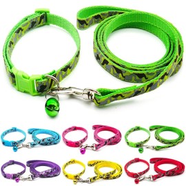 Doggie Style Store Small Dog Puppy Pet Collar and Lead Set Camo Camouflage Design Nylon Adjustable Size 19-32cm Collar with Bell and 120cm Leash Green