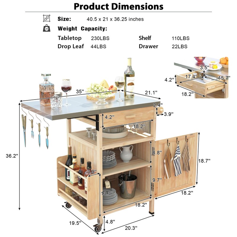 LUMISOL Outdoor Rolling Kitchen Island with Drop Leaf, 40.5" Solid