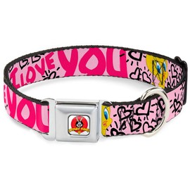 Buckle-Down Seatbelt Buckle Dog Collar - Tweety Bird I LOVE YOU Pink/Black - 1" Wide - Fits 15-26" Neck - Large