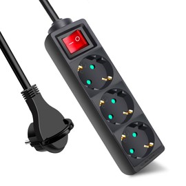 EXTRASTAR Steckdosenleiste 3-Fach, Flachstecker Mehrfachsteckdose mit Save Energy-Schalter, Mehrfachsteckdose Flacher Stecker mit 1.5m Kabel, IP20, 16A, 3680W, Flachstecker, Schwarz