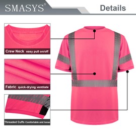 SMASYS Work Safety T Shirts, Class 3 High Visibility Reflective T-Shirt, Construction Workwear for Men and Women, Pink-1, 4X-Large